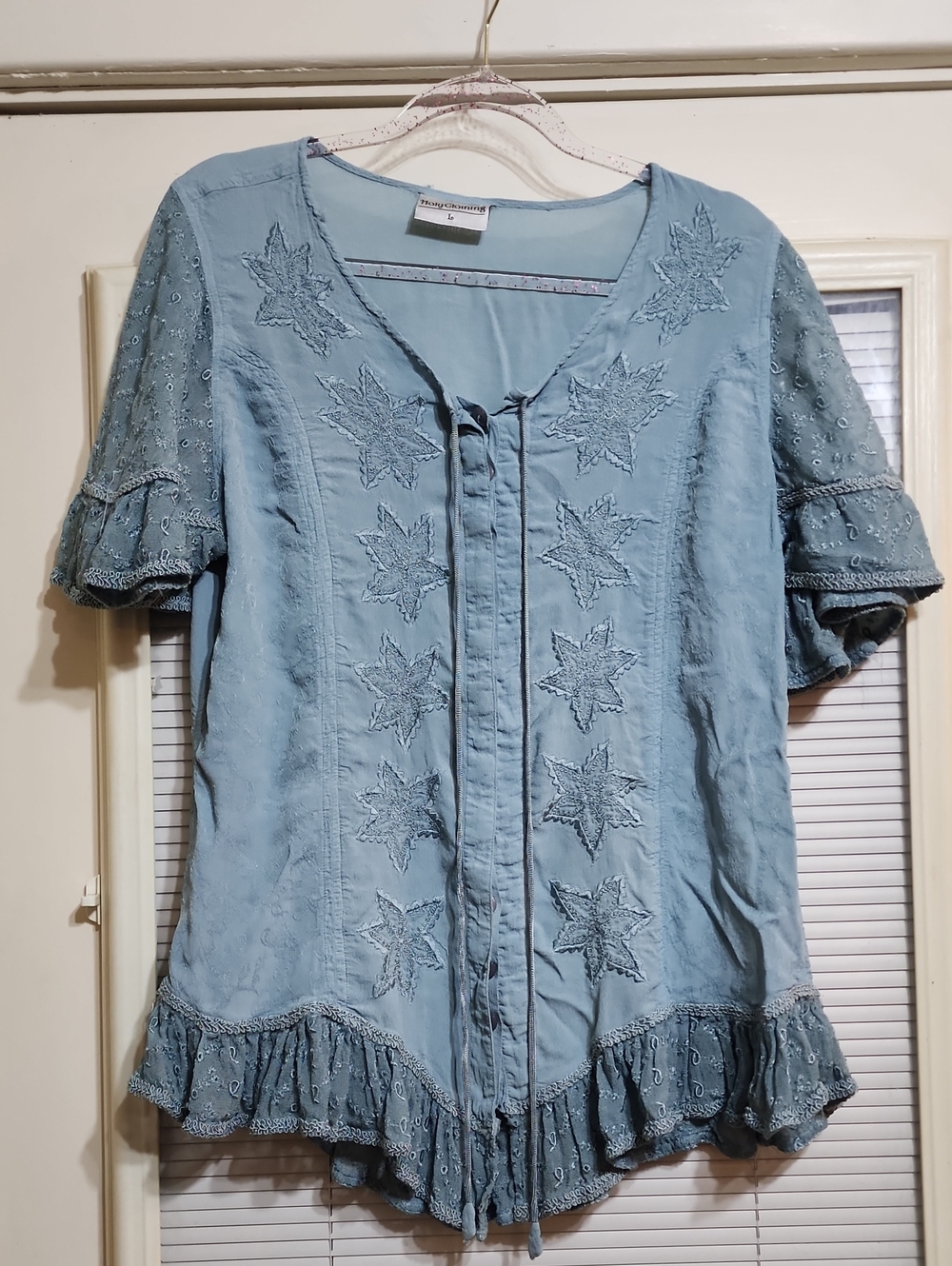 Boho Light Blue Embroidered Tie-Front Tunic Top by Peruvian Connection